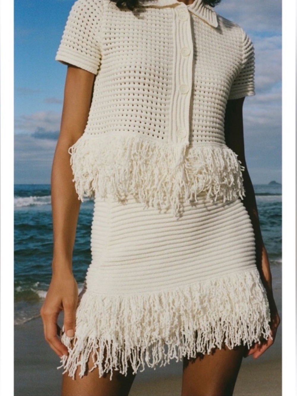 ZARA NEW knit fringe mini skirt and button top cream ivory - Picture 3 of 11